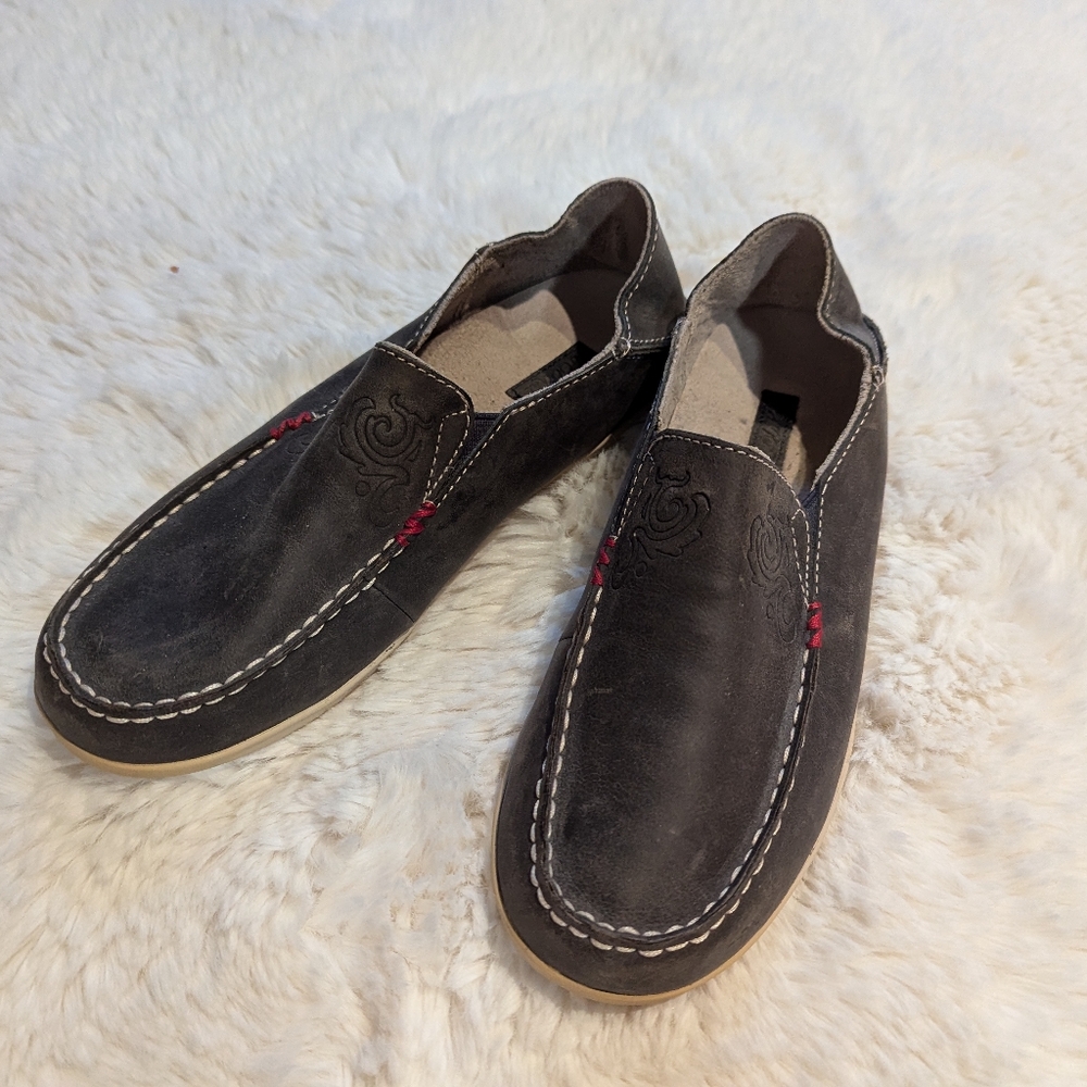Olukai Women’s Nohea Nubuck Leather Loafer Style Shoes Charcoal Size 6.5
